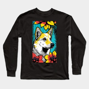 Jindo Dog Vibrant Tropical Flower Tall Retro Vintage Digital Pop Art Portrait Long Sleeve T-Shirt